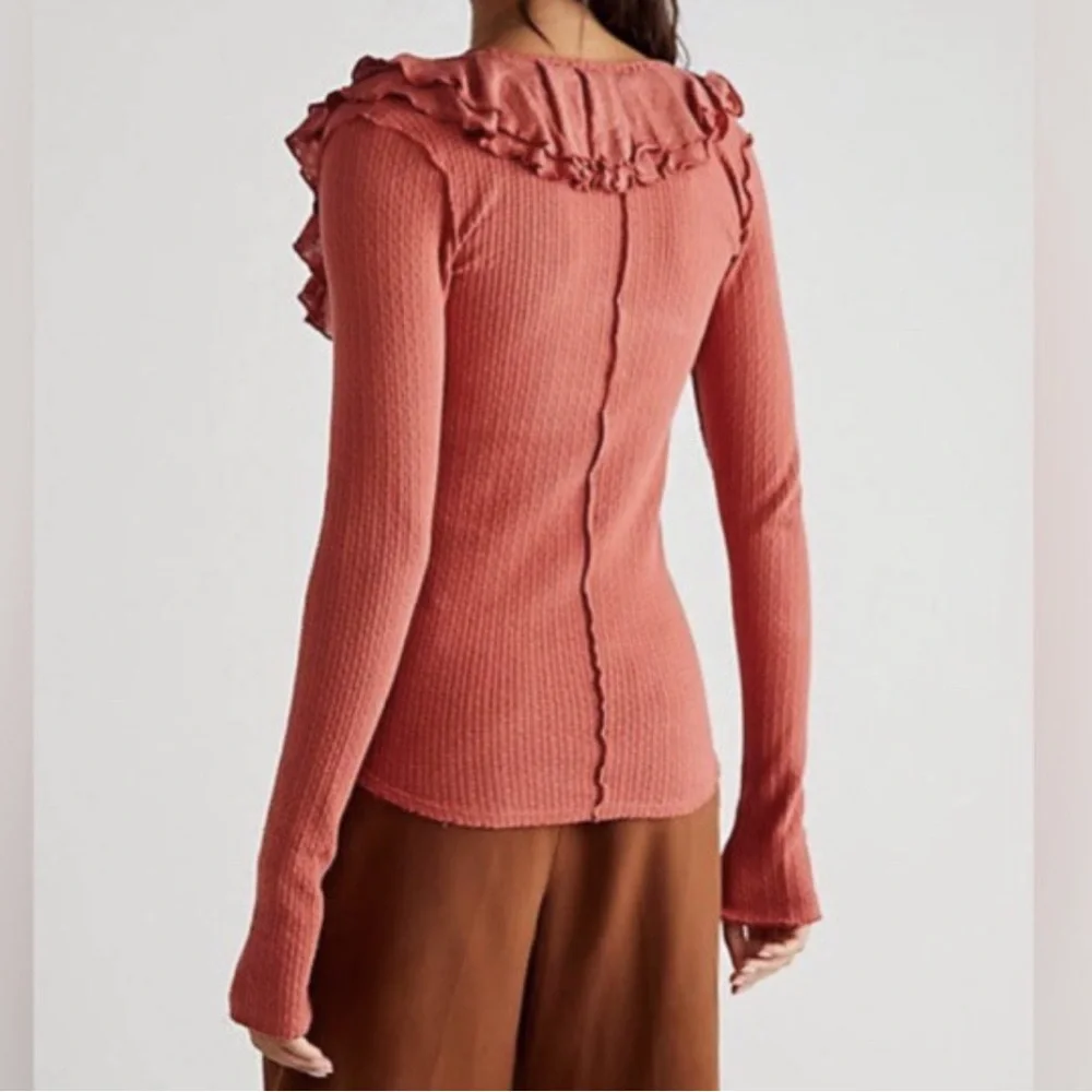 Free People Bennet Ruffles v Neck Slit Cuff Cute Long sleeve Thermal Top Small - Picture 2 of 11